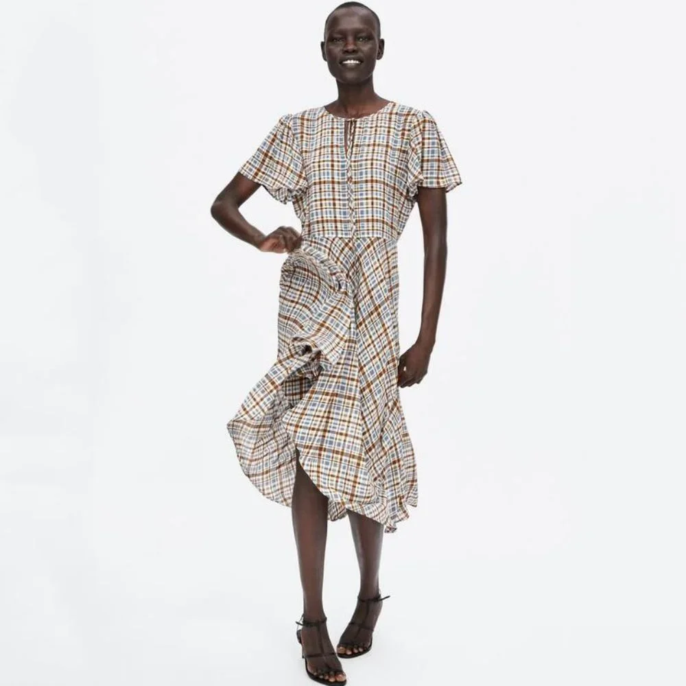 Zara Printed Plaid Dress with Full Skirt and Flutter Sleeves - Picture 1 of 6